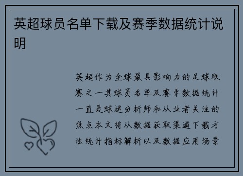 英超球员名单下载及赛季数据统计说明